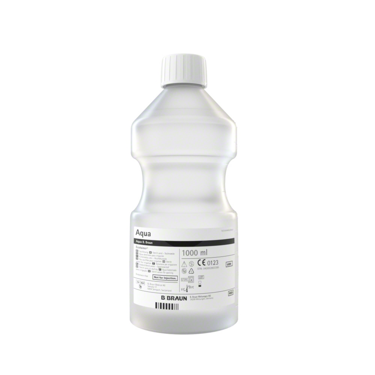 La B. Braun Aqua Ecotainer® Solution de rinçage topique, une bouteille en plastique transparent d'une capacité de 1000 ml, est fabriquée en polypropylène écologique. Elle est dotée d'un bouchon blanc et porte divers symboles et textes, y compris le branding B. Braun et des instructions pour l'utilisation de la solution de rinçage topique.