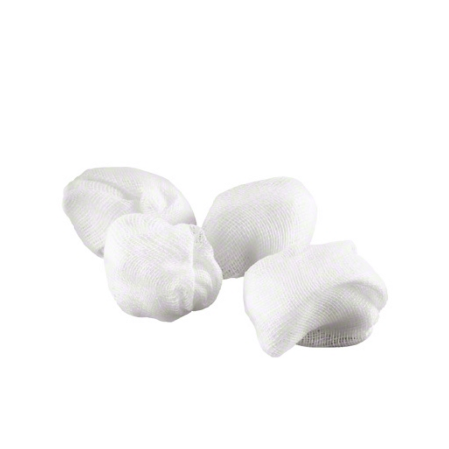 Quatre tampons stériles Askina® Schlinggazetupfer de la taille d'une prune de B. Braun Deutschland GmbH & Co. KG sont disposés ensemble sur un fond blanc simple, idéal pour des applications médicales stériles.