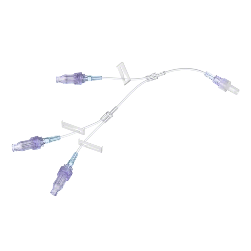 Le B. Braun Caresite® Ensemble d'extension en Y à petit calibre avec 3 Caresite® dispose de tubes transparents ramifiés avec des connecteurs violets et trois raccords Luer-Lock. Il est compatible avec les lignes de perfusion sans aiguille et conçu pour la thérapie intraveineuse dans le domaine médical.