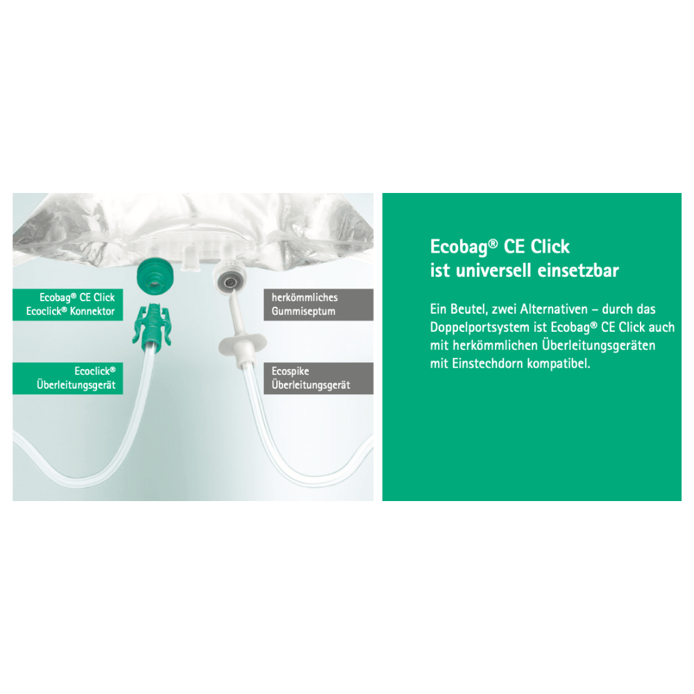 L'image montre un dispositif médical avec un sac connecté à des tubes. Sur le côté gauche, il y a des connexions avec l'inscription "B. Braun Ecobag® CE Click" et "Ecospike". Sur le côté droit, il y a un texte en allemand sur la compatibilité de l'appareil avec B. Braun Ecobag® CE Click NaCl 0,9% solution de rinçage et son utilisation universelle avec divers produits de B. Braun Deutschland GmbH & Co. KG.