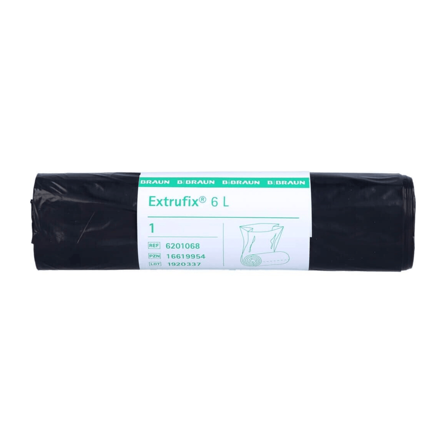 Un sac noir enroulé avec l'inscription „B. Braun Sacs à déchets Extrufix® en LDPE, 6 litres“ et des détails sur le produit tels que des numéros de référence et des quantités, idéal pour une utilisation comme sacs à déchets en LDPE.