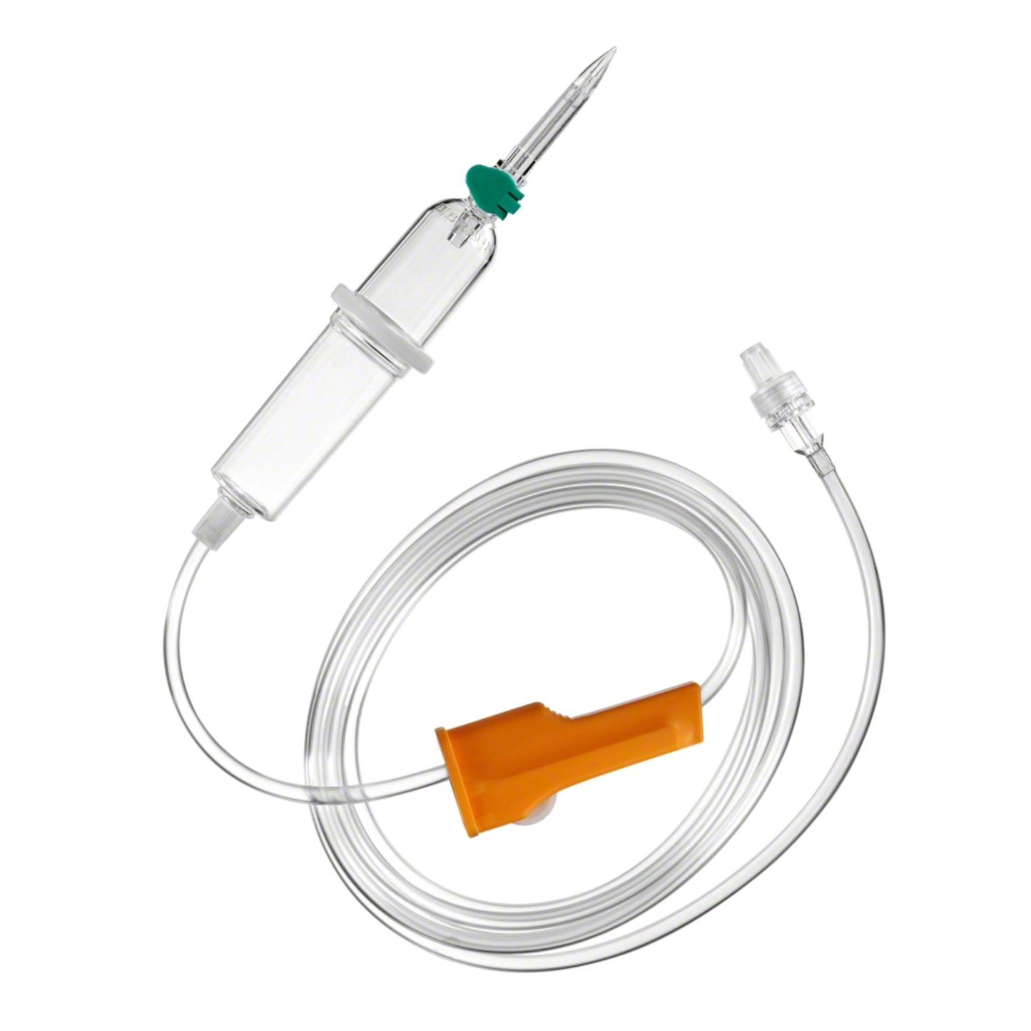 Le B.Braun Intrafix® Primeline, dispositif de perfusion standard de la B. Braun Deutschland GmbH & Co. KG, dispose d'une chambre transparente et d'un long tube transparent avec une pince à rouleau orange pour une régulation précise du débit, garantissant ainsi une administration correcte.