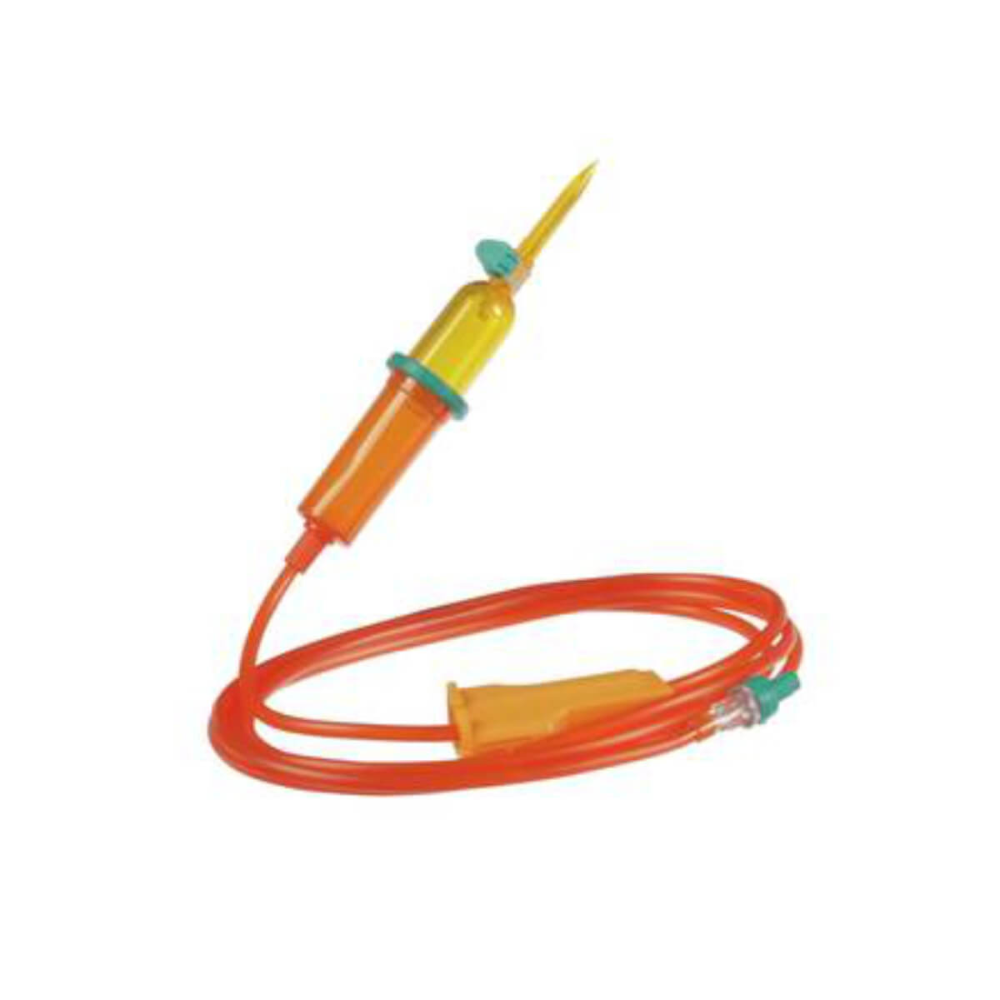 Le dispositif d'infusion B.Braun Intrafix® SafeSet UV Protect Premium de la B. Braun Deutschland GmbH & Co. KG est un set d'infusion orange qui se distingue par une chambre et une aiguille transparentes, reliées par un tuyau orange flexible. Il est parfaitement adapté pour des infusions sous pression ou par gravité et dispose d'un régulateur de débit et d'un capuchon vert à une extrémité.