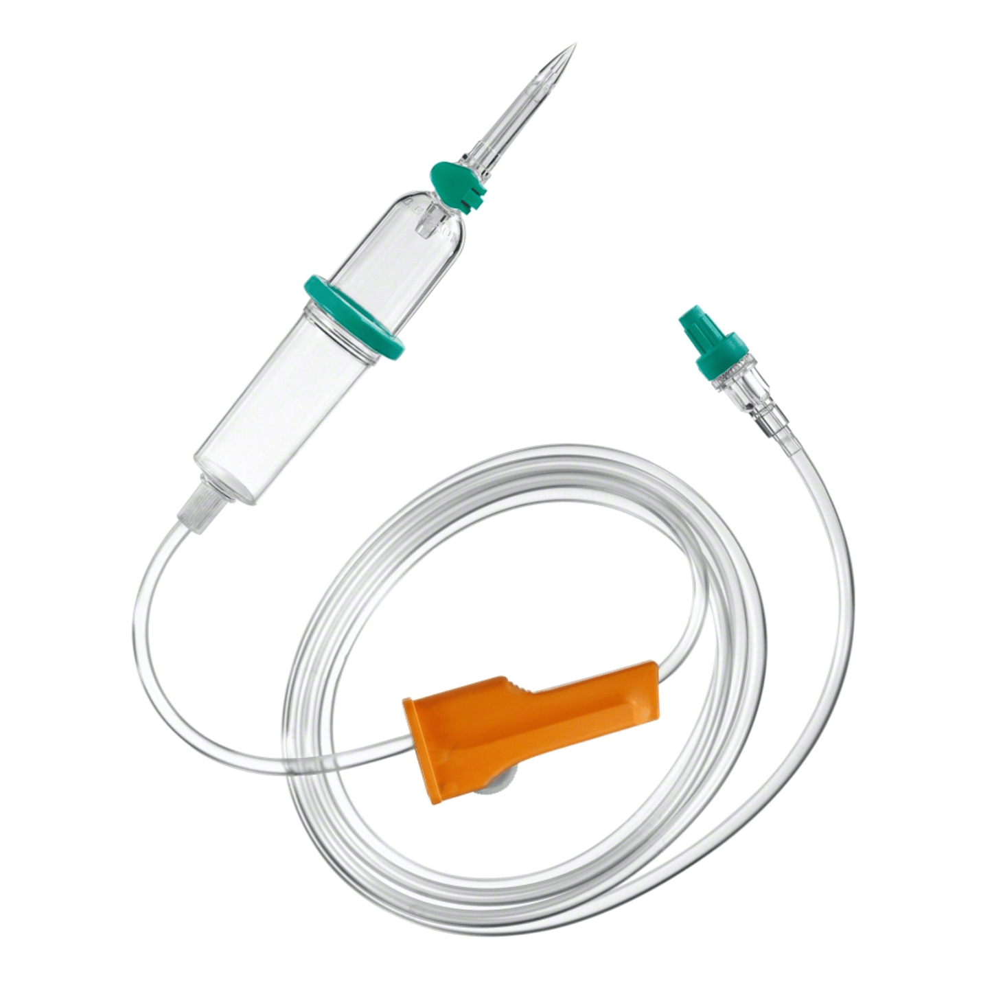 L'appareil de perfusion Intrafix® SafeSet Premium de B. Braun Deutschland GmbH & Co. KG se compose d'une chambre transparente reliée à un tube transparent de 210 cm de long avec une valve à membrane Safeflow intégrée. Cet ensemble est équipé d'un raccord vert pour l'administration de liquides et d'une pince de contrôle de débit orange pour garantir une administration précise et sûre des liquides.