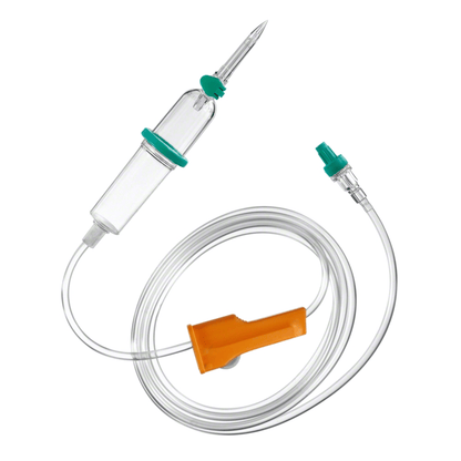 L'appareil de perfusion Intrafix® SafeSet Premium de B. Braun Deutschland GmbH & Co. KG se compose d'une chambre transparente reliée à un tube transparent de 210 cm de long avec une valve à membrane Safeflow intégrée. Cet ensemble est équipé d'un raccord vert pour l'administration de liquides et d'une pince de contrôle de débit orange pour garantir une administration précise et sûre des liquides.