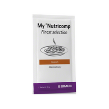 Un sachet de B. Braun My Nutricomp Finest Selection Mélange d'épices « Gulasch - Mélange d'épices » de B. Braun Deutschland GmbH & Co. KG présente un emballage principalement blanc avec un texte noir et l'image d'un bol fumant qui rappelle les créations culinaires d'Alfons Schuhbeck.