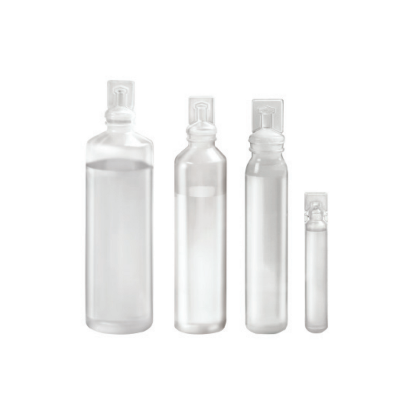 Quatre bouteilles de solution de rinçage topique NaCl 0,9% Ecolav® transparentes B. Braun, fabriquées par B. Braun Deutschland GmbH & Co. KG, sont disposées en ligne de la plus grande à la plus petite. Chaque bouteille est conçue pour une solution de NaCl à 0,9% et dispose d'un bouchon plat scellé avec un design minimaliste sans étiquettes ou marquages visibles.