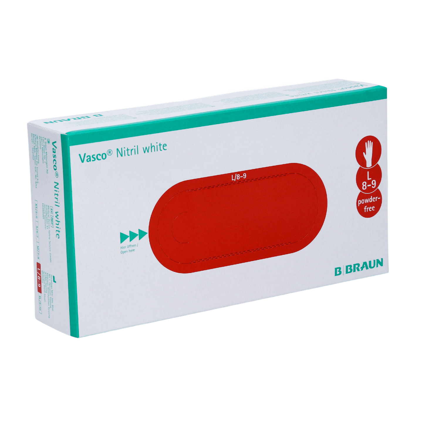 Boîte de gants jetables blancs B. Braun Vasco® en nitrile de B. Braun Deutschland GmbH & Co. KG, taille 8-9. L'emballage a un design ovale rouge avec un symbole de main dans le coin, indiquant des gants sans latex et sans poudre.