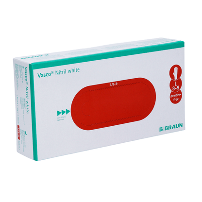 Boîte de gants jetables blancs B. Braun Vasco® en nitrile de B. Braun Deutschland GmbH & Co. KG, taille 8-9. L'emballage a un design ovale rouge avec un symbole de main dans le coin, indiquant des gants sans latex et sans poudre.