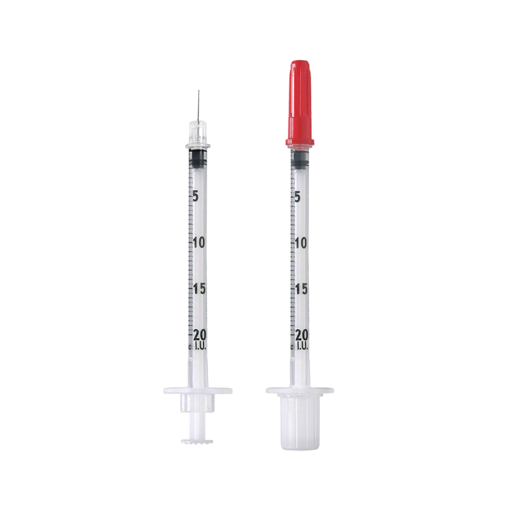 Deux seringues transparentes avec des graduations sont représentées verticalement. L'une d'elles, une B. Braun seringue à insuline jetable Omnican® 20, a un capuchon rouge sur l'aiguille, tandis que l'autre est ouverte. Les deux ont des pistons blancs et sont marquées sur leurs cylindres avec des chiffres de 0 à 100 pour permettre un dosage précis de l'insuline U-40.