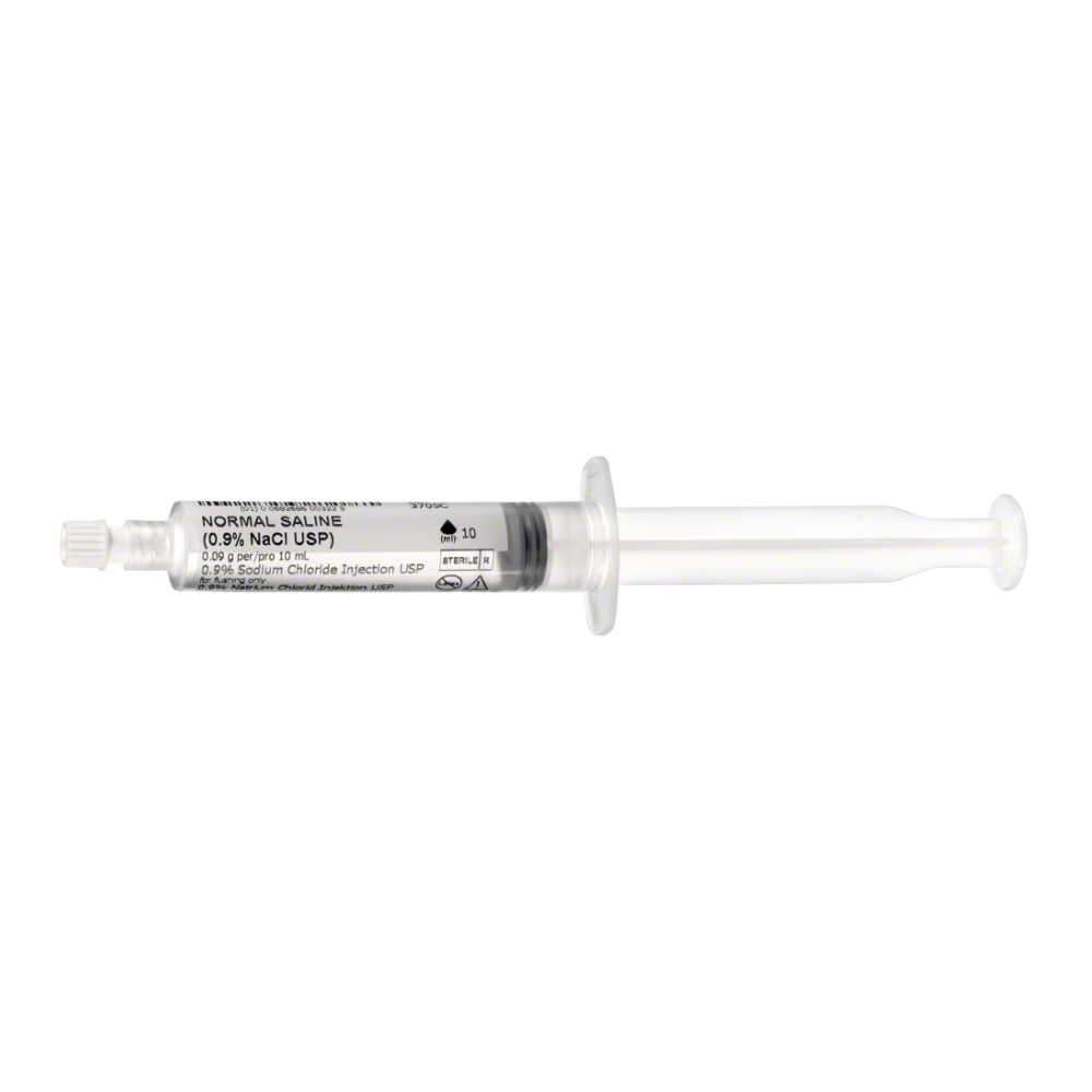La seringue de rinçage PraxiJect, stérile, 10 ml de B. Braun Deutschland GmbH & Co. KG porte l'inscription « Normal Saline » et dispose de marques de mesure claires sur le corps transparent, d'un capuchon sécurisé ainsi que d'instructions complètes d'utilisation et de sécurité pour une application fiable.