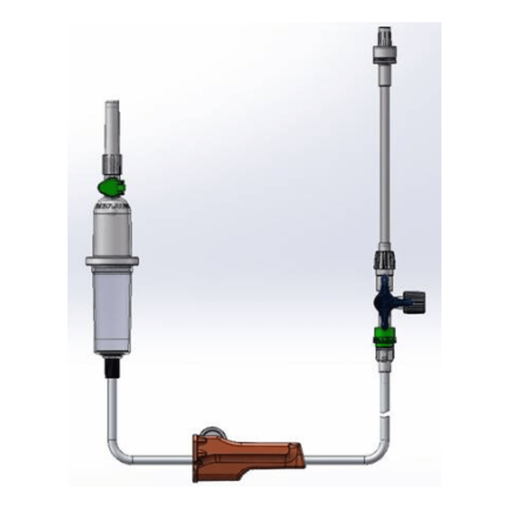 Illustration d'un système sanitaire avec des tuyaux et des vannes connectés. Le système se compose d'un composant cylindrique vertical avec un manomètre et un set de perfusion B.Braun ProSet Intrafix Primeline, 180 cm de B. Braun Deutschland GmbH & Co. KG, qui contient des connexions et a un boîtier marron à la base.
