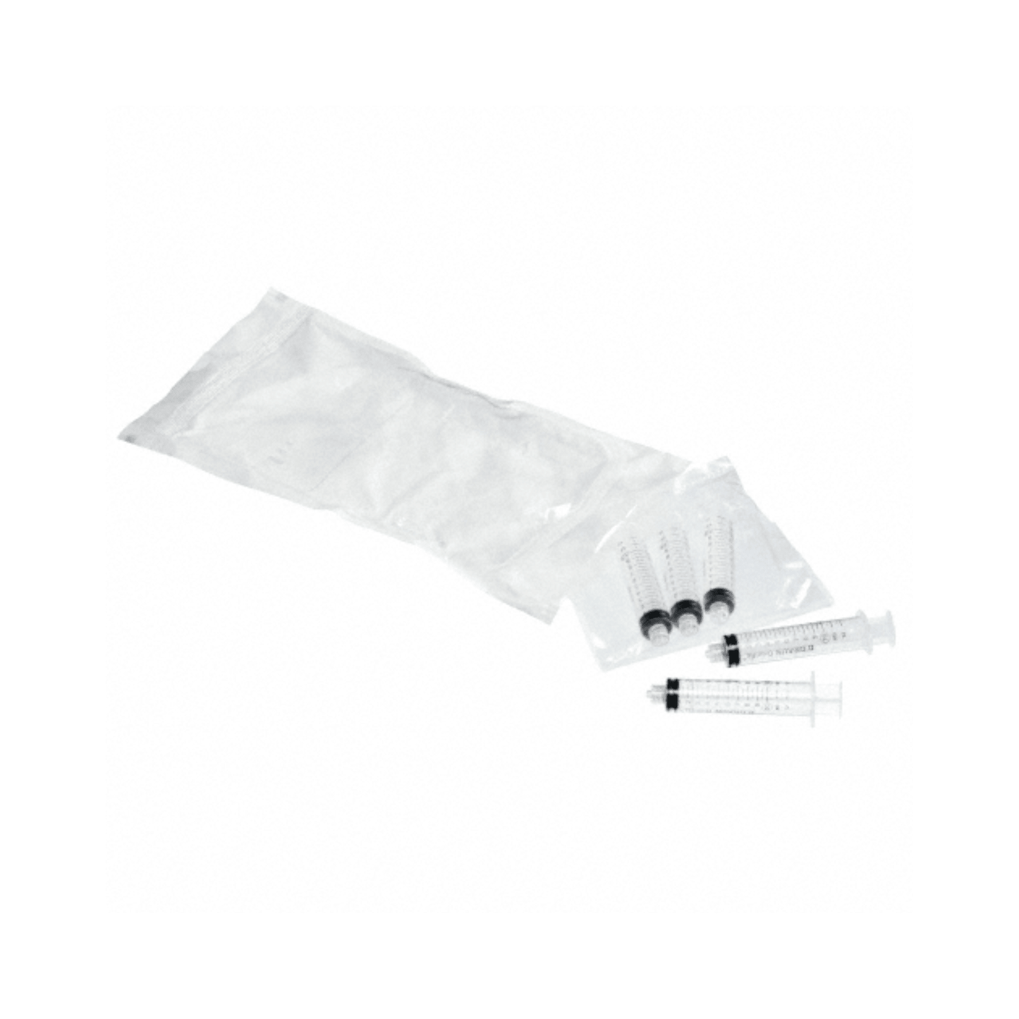 Trois B. Braun seringues ProSet Omnifix® avec piston noir sont partiellement retirées d'un emballage transparent. À côté, sur un fond blanc, se trouve un sac en plastique blanc vide qui rappelle l'emballage collectif de B. Braun Deutschland GmbH & Co. KG.