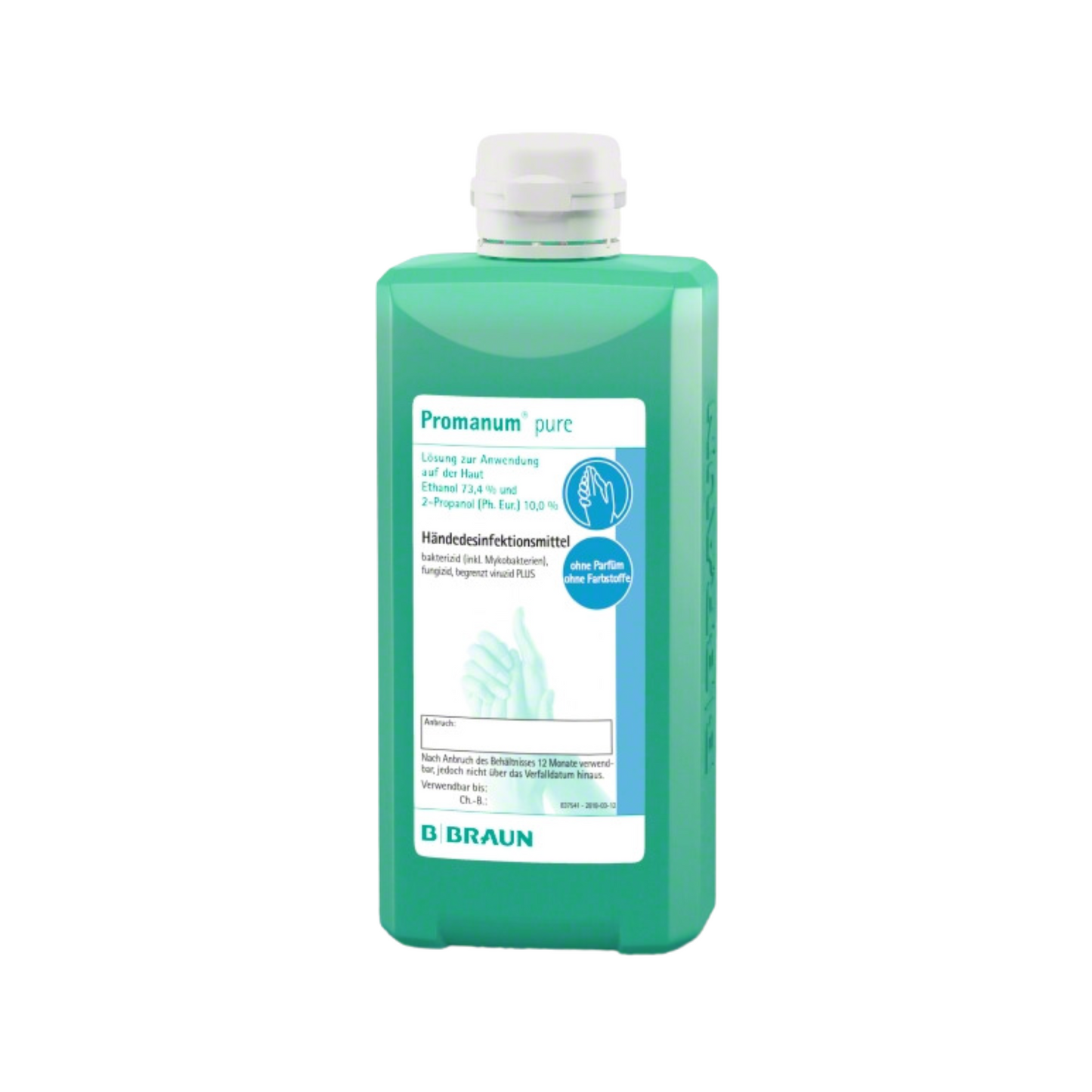 Le désinfectant pour les mains Promanum® pure de B. Braun Deutschland GmbH & Co. KG est une bouteille verte de 500 ml contenant un désinfectant pour les mains à base d'alcool, respectueux de la peau, avec une étiquette détaillant le produit et une illustration de mains, ainsi qu'un bouchon blanc.