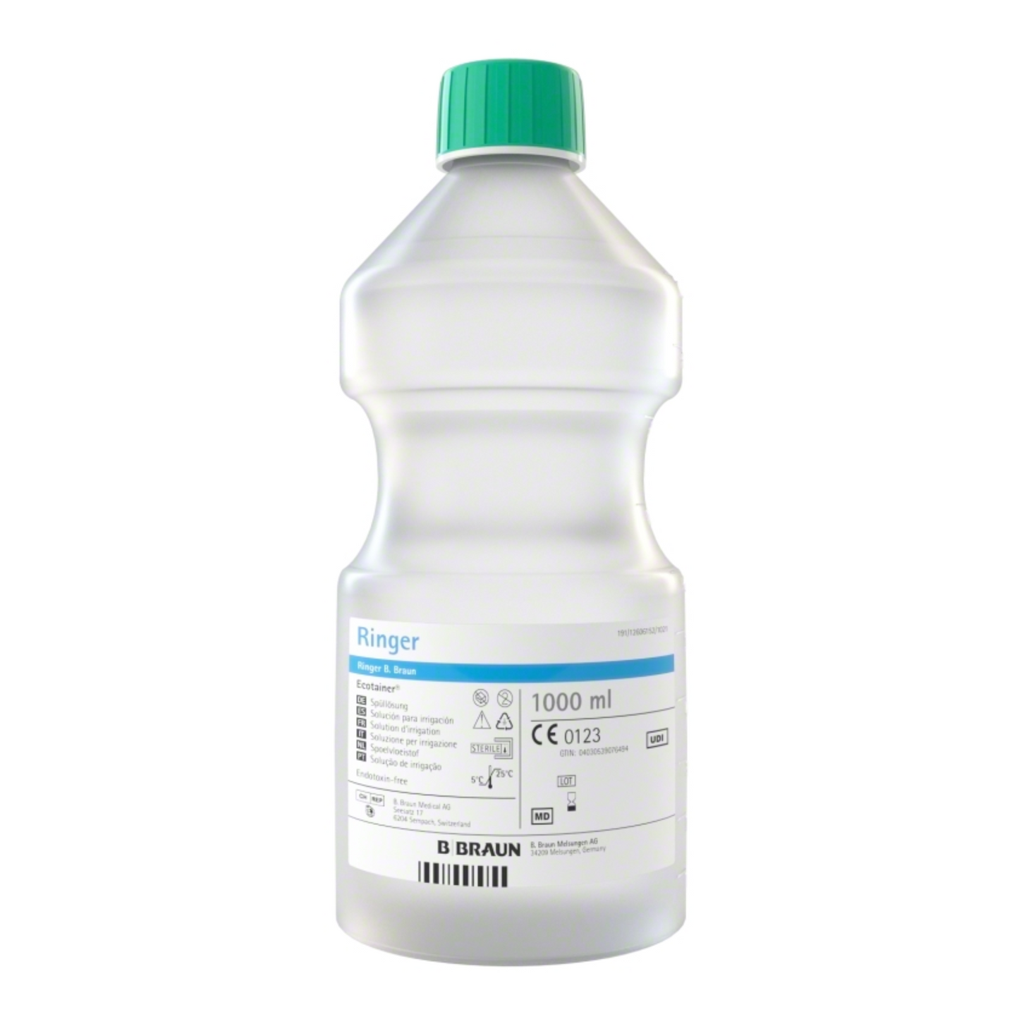 Une bouteille transparente avec l'inscription „B. Braun Ringer Ecotainer® solution de rinçage topique“ et un bouchon vert, en polypropylène robuste, contient 1000 ml de solution de rinçage. L'étiquette contient divers symboles médicaux et textes, y compris le nom de la marque „B. Braun Deutschland GmbH & Co. KG“.