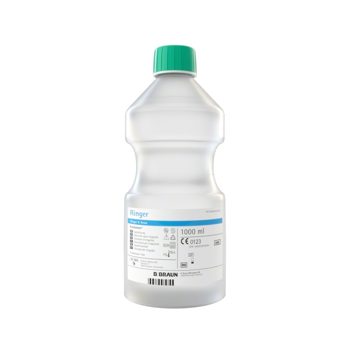 Une solution de 1000 ml se trouve dans une bouteille en plastique de polypropylène transparente avec un bouchon vert et l'inscription „B. Braun Ringer Ecotainer® solution de rinçage topique“. L'étiquette contient des détails sur le produit, des informations sur le volume et le marquage CE. Le nom du fabricant, B. Braun Deutschland GmbH & Co. KG, est imprimé au bas de la bouteille.