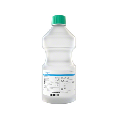 Une solution de 1000 ml se trouve dans une bouteille en plastique de polypropylène transparente avec un bouchon vert et l'inscription „B. Braun Ringer Ecotainer® solution de rinçage topique“. L'étiquette contient des détails sur le produit, des informations sur le volume et le marquage CE. Le nom du fabricant, B. Braun Deutschland GmbH & Co. KG, est imprimé au bas de la bouteille.