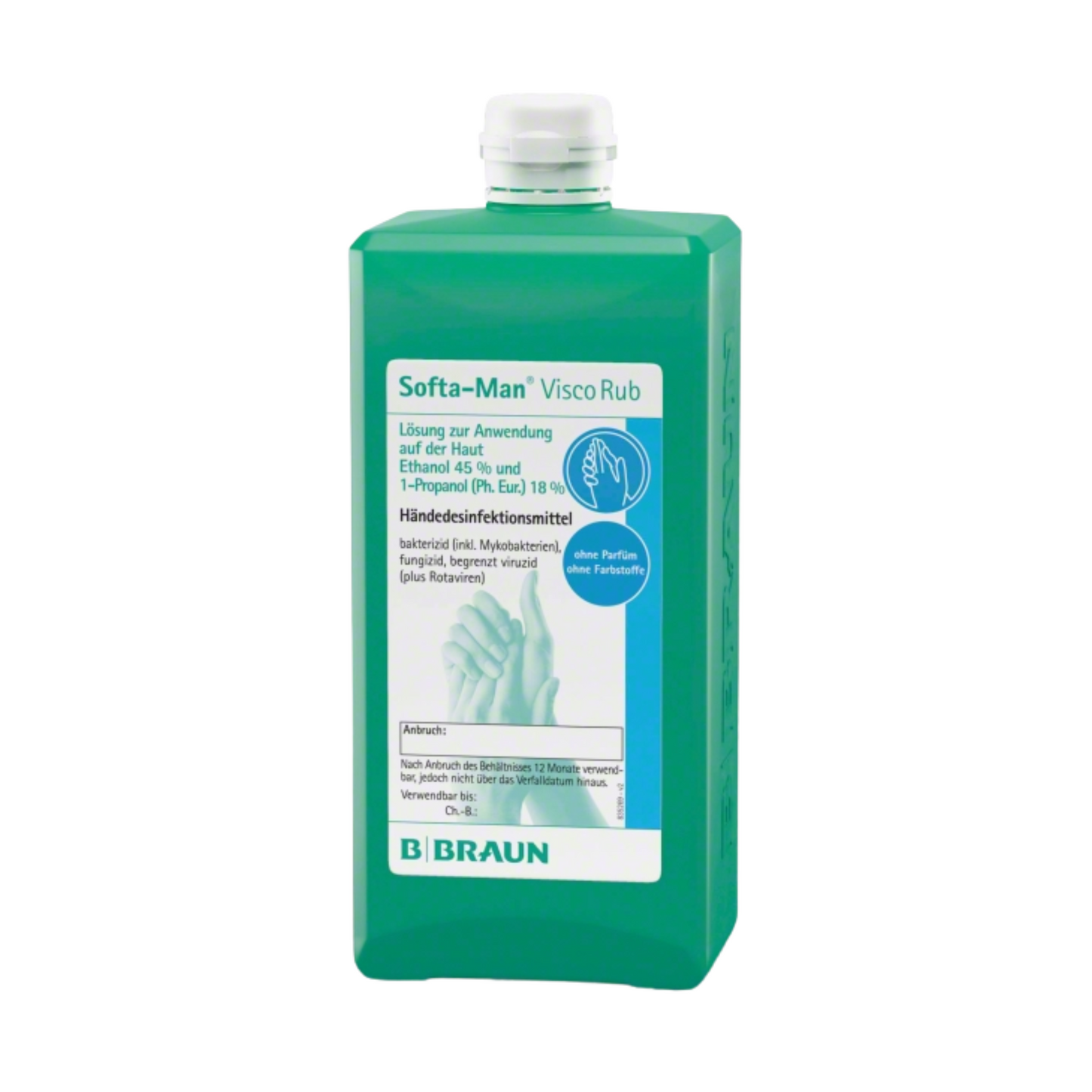 Une bouteille verte « B. Braun Softa-Man® ViscoRub désinfection et soin des mains » de B. Braun Deutschland GmbH & Co. KG avec une mention sur la compatibilité cutanée. L'étiquette mentionne l'éthanol et le 1-propanol comme ingrédients, et montre également deux mains et du texte supplémentaire en allemand.