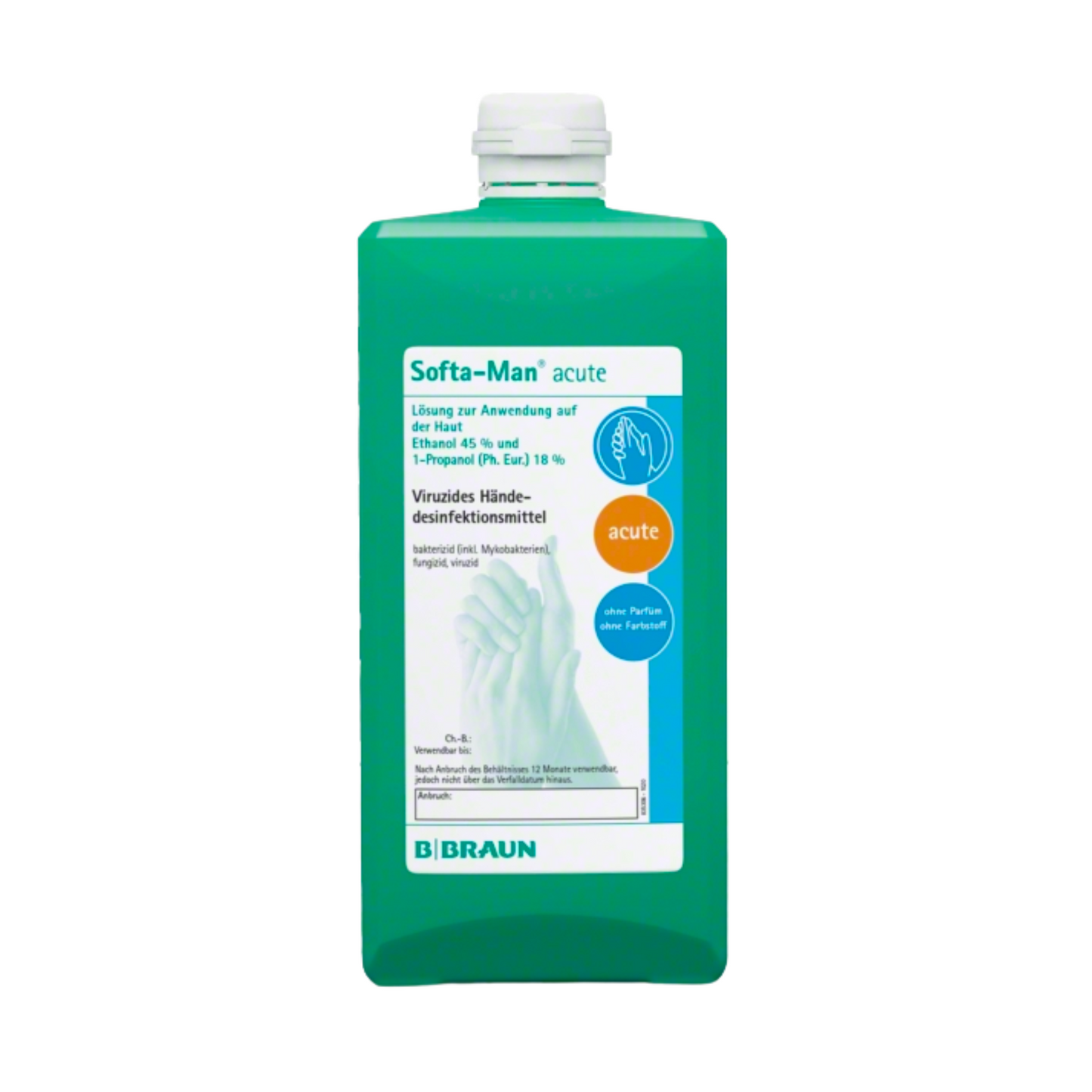 Une bouteille verte B. Braun Softa-Man® désinfectant pour les mains aigu de B. Braun Deutschland GmbH & Co. KG porte une étiquette le qualifiant de désinfectant pour les mains haute performance virucide, contenant 45 % de 1-propanol et 18 % de 2-propanol, idéal pour une utilisation dans le domaine médical. L'emballage contient une image de mains ainsi qu'un texte allemand expliquant son utilisation et ses propriétés.