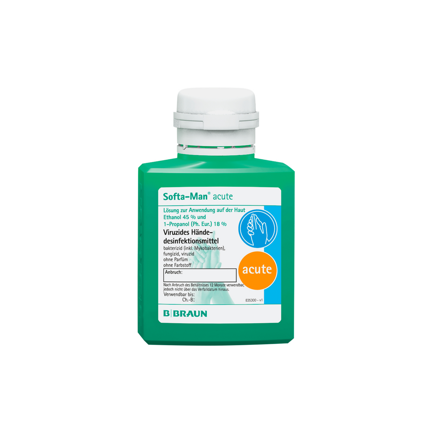 Une bouteille verte B. Braun Softa-Man® désinfectant pour les mains aigu, adaptée au domaine médical, a été conçue par B. Braun Deutschland GmbH & Co. KG. L'étiquette contient des détails sur le produit, un logo et un guide illustré. Elle est munie d'un bouchon blanc et est présentée sur un fond blanc simple.