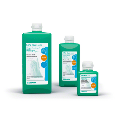 Sont représentées trois bouteilles de désinfectant pour les mains aigu B. Braun Softa-Man®, idéales pour le domaine médical. Ces bouteilles de désinfectant pour les mains haute performance virucide sont disponibles en différentes tailles et disposent d'une étiquette verte avec un bouchon blanc. Sur chaque bouteille, la marque « B. Braun Deutschland GmbH & Co. KG » est bien visible.