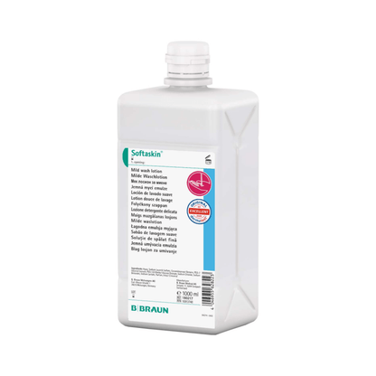 La bouteille de 1000 ml « B. Braun Softaskin® Waschlotion » est de couleur blanche et possède une étiquette multilingue indiquant la formule douce et respectueuse de l'environnement. Elle dispose d'un bouchon à vis et porte en bas l'inscription « B. Braun Deutschland GmbH & Co. KG ». Elle est donc un excellent choix pour les utilisateurs soucieux des produits sans microplastiques.