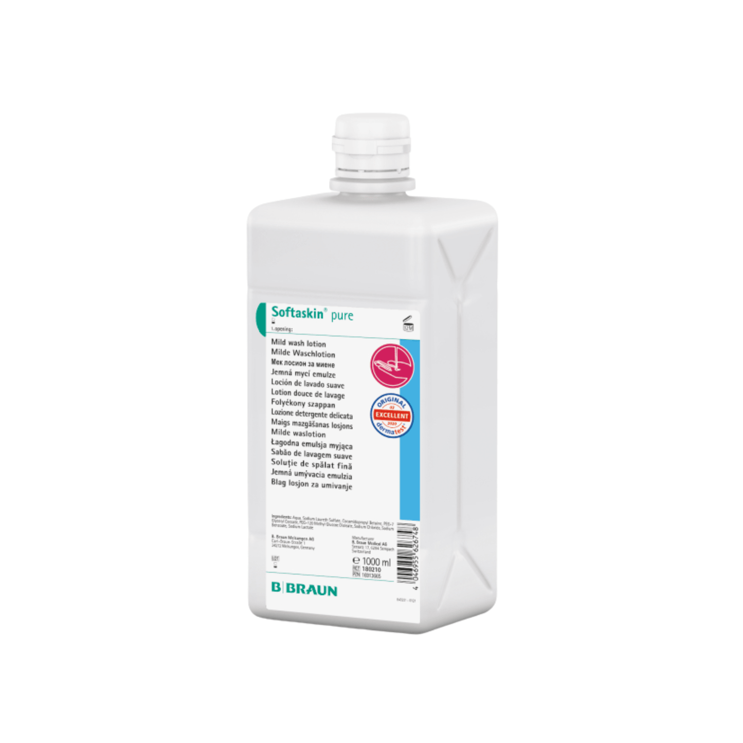 La bouteille Softaskin® pure 1000 ml de B. Braun Deutschland GmbH & Co. KG a un design rectangulaire blanc avec une étiquette bleu-blanc, un logo rose pour la compatibilité cutanée, un bouchon à vis et est une lotion lavante sans allergènes, idéale pour les peaux sensibles.