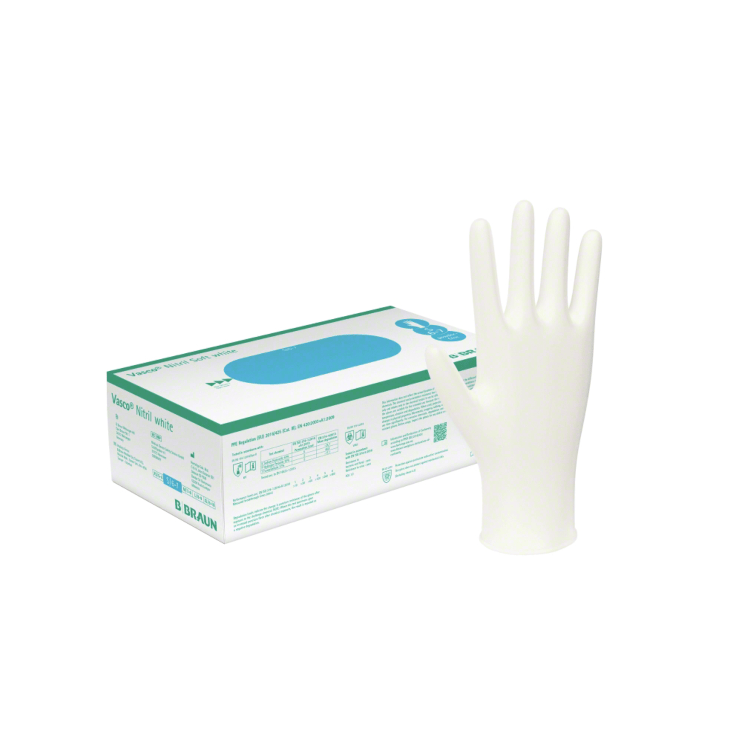 Une boîte de gants jetables blancs B. Braun Vasco® en nitrile de B. Braun Deutschland GmbH & Co. KG est illustrée, avec un gant blanc debout sur le devant. L'emballage sans latex présente des accents bleus et verts ainsi que des détails de texte et de logo, soulignant son aptitude en tant que gants d'examen pour usage médical.