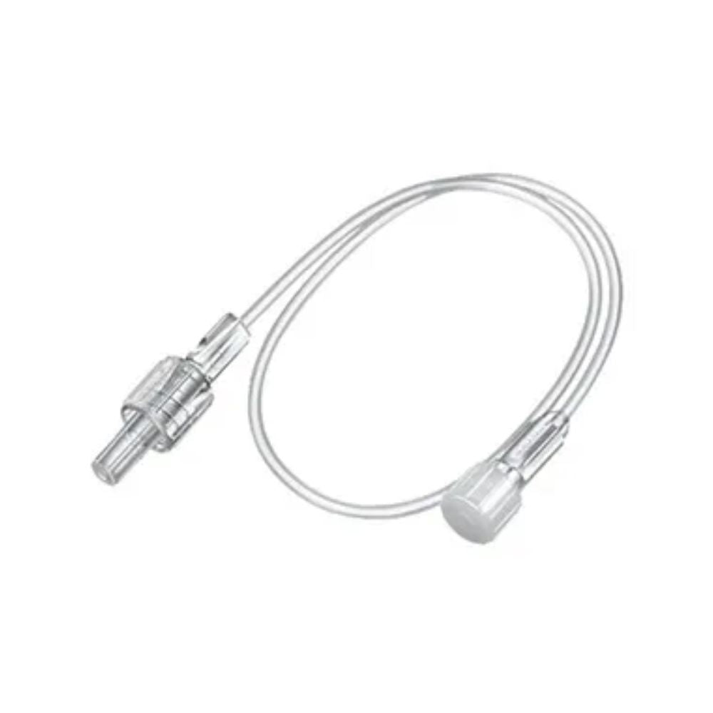 Die B. Braun Infusionszubehör Original Perfusor®-Leitung MR verfügt über einen flexiblen, durchscheinenden Anschluss mit einem gerippten zylindrischen Ende und einem glatten, abgerundeten Ende, ideal für die Infusionstherapie.