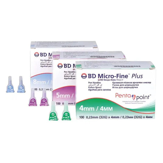 Trois boîtes d'aiguilles pour stylos BD Micro-Fine Plus dotées de la technologie Pentapoint sont proposées dans les tailles 4 mm, 5 mm et 8 mm. Chaque boîte contient 100 aiguilles dotées de la technologie Pentapoint pour un confort optimal. L'emballage à code couleur s'adapte parfaitement à différents stylos à insuline. Marque : BD, Becton Dickinson GmbH.