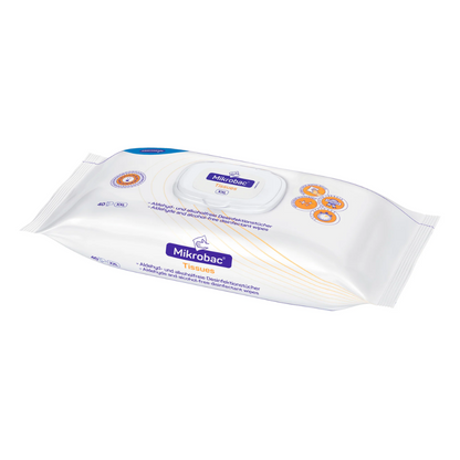 Un paquet de lingettes désinfectantes de surface BODE Mikrobac® Tissues avec couvercle rabattable. L'emballage blanc est orné d'éléments de design bleus et orange et d'un texte indiquant que le produit contient 40 lingettes de Paul Hartmann AG.