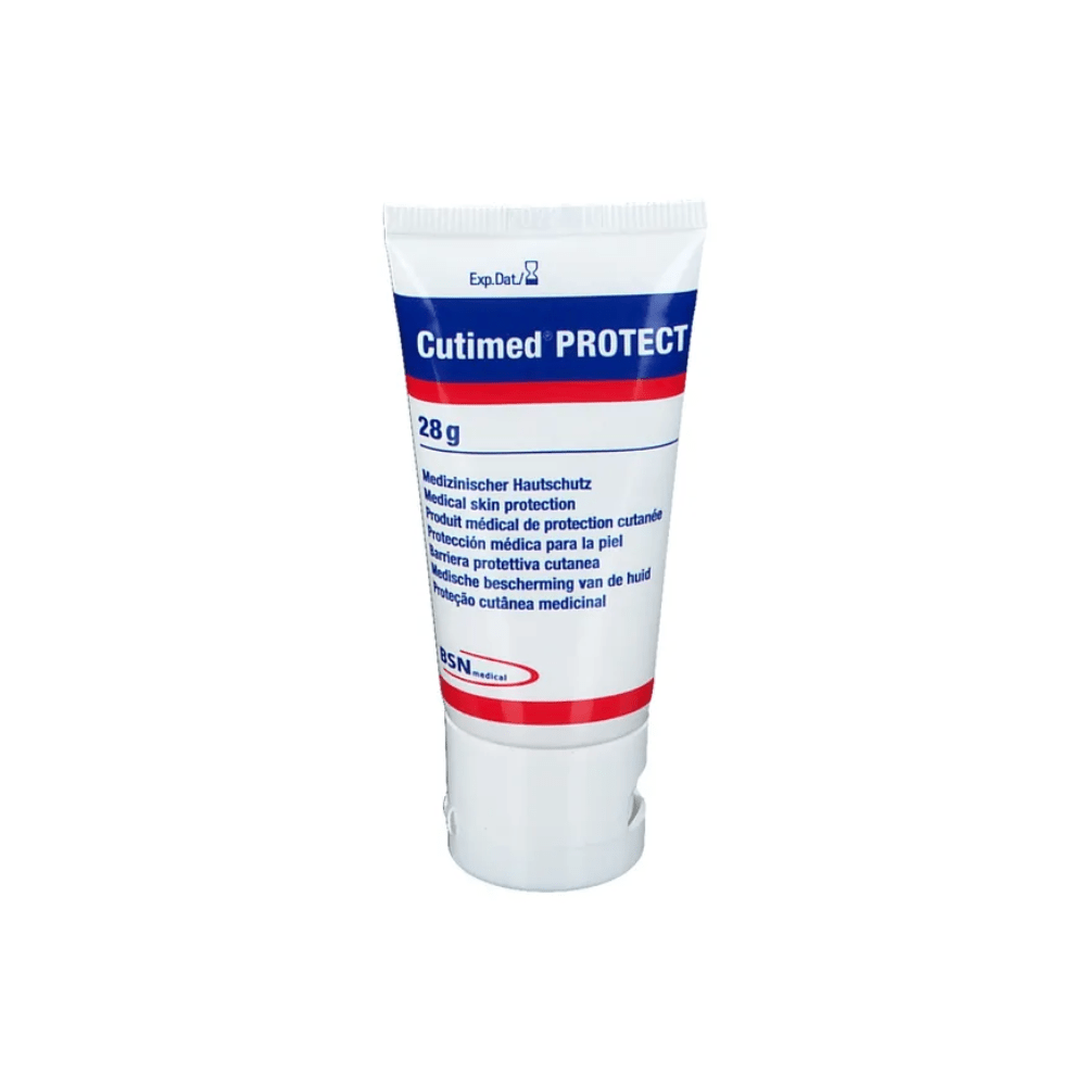 Un tube de 28 grammes de crème de protection Cutimed® BSN de BSN medical GmbH (essity) est principalement blanc, avec des inscriptions rouges et bleues montrant du texte en plusieurs langues. Le logo de la marque et d'autres détails du produit sont imprimés sur le devant et mettent en avant les propriétés hydratantes.