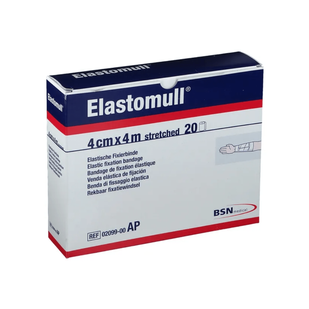 Une boîte de bandages élastiques BSN Elastomull® de BSN Medical GmbH avec l'inscription « 4 cm x 4 m étiré » contient 20 pièces. L'emballage multilingue souligne la haute teneur en coton et la bonne tolérance cutanée du produit et montre une représentation schématique de l'application sur le bras.