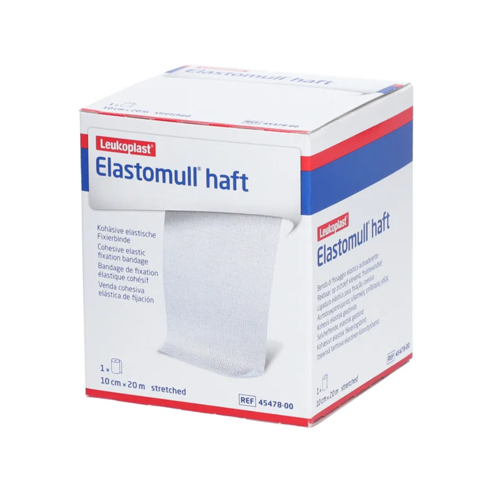 Une boîte de BSN Elastomull® haft, un bandage de fixation élastique de BSN Medical GmbH. La boîte est principalement blanche avec des accents bleus et rouges et affiche à l'avant les détails et spécifications du produit.