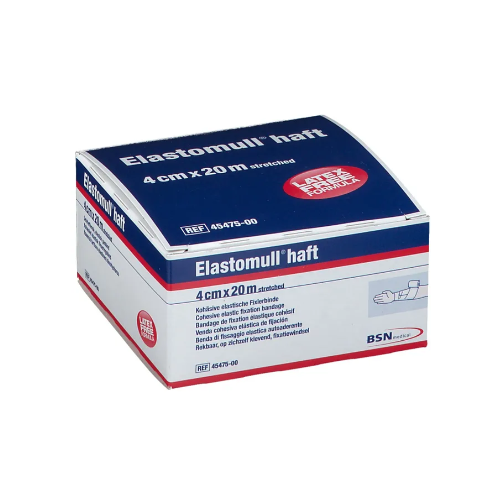 Un paquet de BSN Elastomull® haft, bandage de fixation élastique, 4 cm x 20 m est exposé. L'emballage est principalement bleu et blanc avec des accents rouges et contient un texte multilingue qui met en avant le produit comme un bandage cohésif en polymère sans latex et souligne sa fonction de bandage élastique cohésif. La marque derrière ce produit est BSN Medical GmbH.