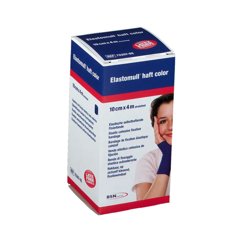 Un paquet de bande de fixation BSN Elastomull® haft color de BSN Medical GmbH est représenté dans un design bleu-rouge et contient des informations sur le produit dans plusieurs langues. Sur le devant, on voit l'image d'une personne utilisant le bandage de fixation élastique, ce qui met en avant son efficacité en tant qu'option sans latex.