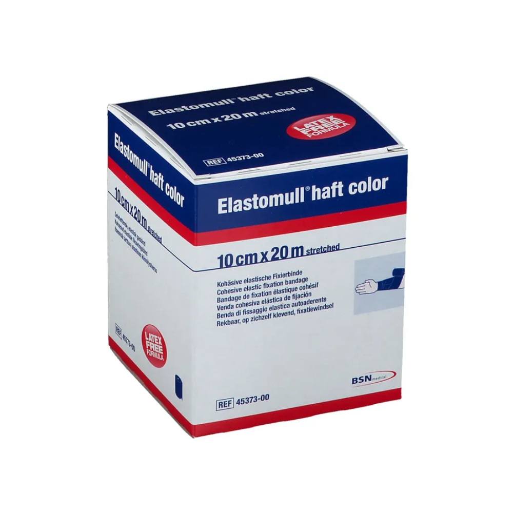 Exposée est une boîte de couleurs BSN Elastomull® haft de BSN Medical GmbH, principalement en bleu et blanc avec des accents rouges. Les dimensions «10 cm x 20 m étiré» sont clairement visibles. Ce produit polymère sans latex est décrit comme un bandage de fixation élastique cohésif.