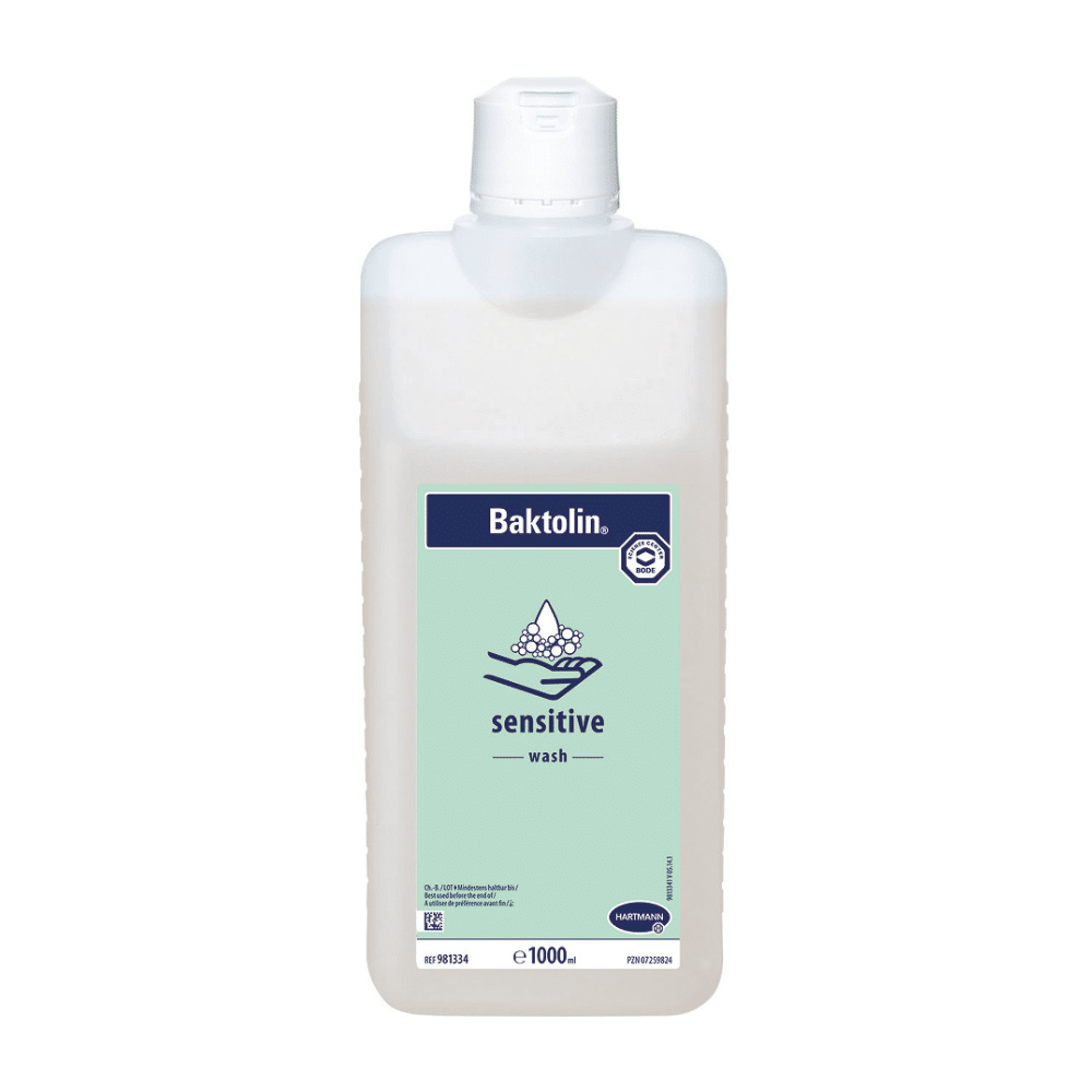 Une bouteille de 1000 ml de lotion lavante Hartmann Baktolin® sensitive, munie d'une étiquette aux couleurs bleu-blanc et d'un graphique indiquant son applicabilité pour les peaux sensibles.