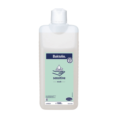Une bouteille de 1000 ml de lotion lavante Hartmann Baktolin® sensitive, munie d'une étiquette aux couleurs bleu-blanc et d'un graphique indiquant son applicabilité pour les peaux sensibles.