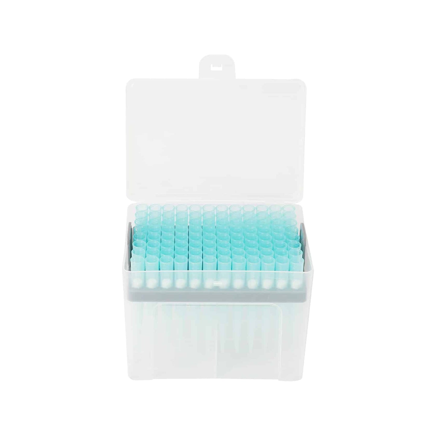 Les embouts de pipette stériles Altruan 1000 µl, avec filtre, sont logés dans une boîte en plastique avec couvercle ouvert, où 96 embouts jetables bleus sont placés verticalement pour qu'ils soient organisés et prêts à l'emploi au laboratoire.