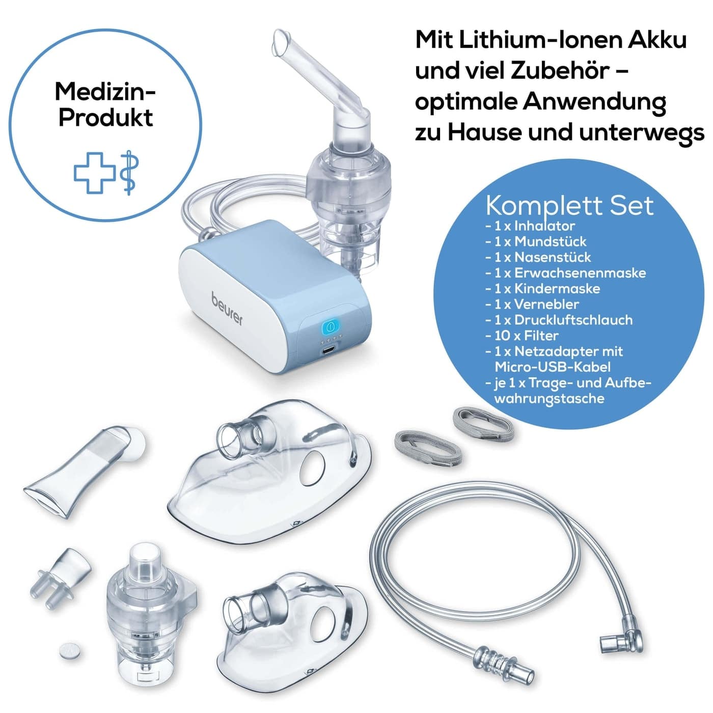 Abbildung zeigt den Beurer GmbH Auslaufartikel: Beurer kleiner Inhalator IH 60 mit Zubehör - Erwachsenen-/Kindermasken, Mundstück, Nasenadapter, Filter und Ladekabel. Deutscher Text hebt Kompressor-Drucklufttechnologie für Atemwegserkrankungen hervor.