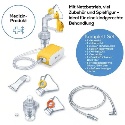 Der Auslaufartikel: Beurer kleiner Inhalator IH 58 KIDS der Beurer GmbH ist ein kindgerechtes medizinisches Vernebler-Set mit Hauptgerät, Silikonmasken, Schlauch, Mundstück, Aufbewahrungskoffer und gelber Spielfigur für die Inhalationstherapie von Kindern.