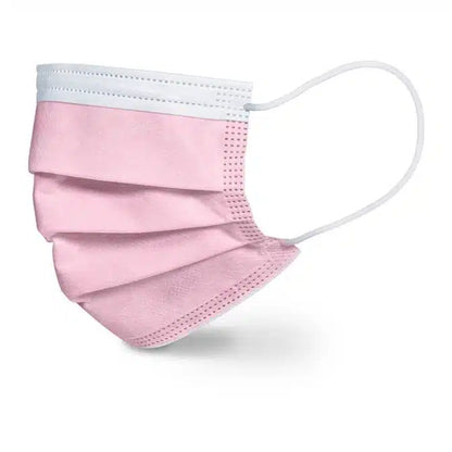 Les masques chirurgicaux Beurer en rose MM 15 (20 pièces, Beurer GmbH) sont des masques faciaux jetables à 3 couches avec des boucles d'oreilles blanches et une bande supérieure blanche, certifiés CE pour une haute filtration bactérienne, illustrés sur un fond blanc uni.