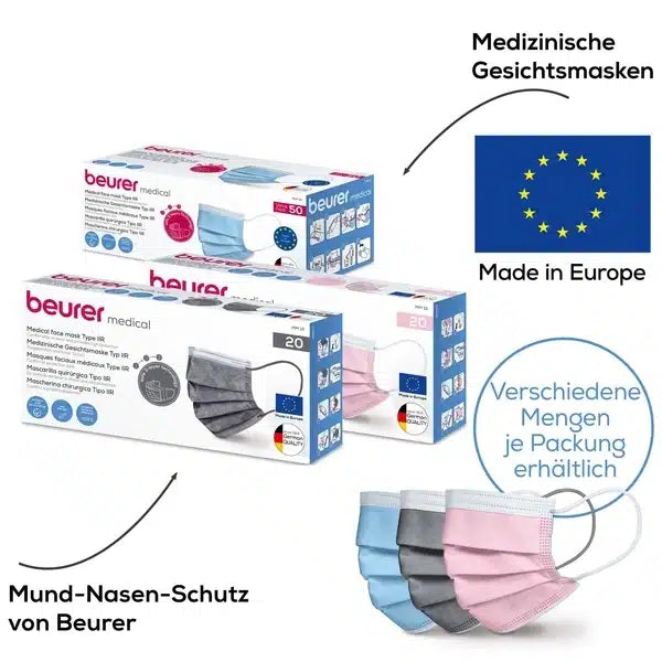 Les masques chirurgicaux Beurer GmbH en rose MM 15 (20 pièces par paquet) sont présentés, avec une protection à 3 couches, des gros plans des masques et des indications telles que "Fabriqué en Europe" ainsi que "Différentes quantités par paquet disponibles".