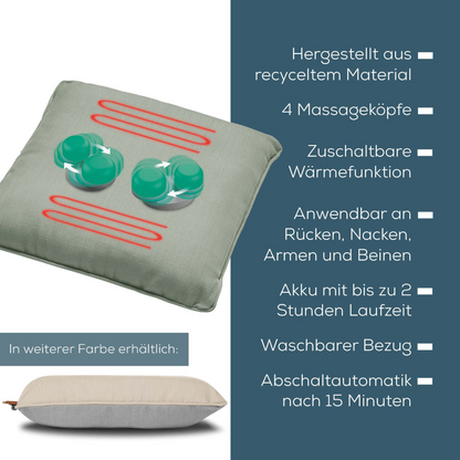 Une image produit d'un coussin de massage à batterie MG 139 gris Beurer. Le texte allemand met en évidence les fonctionnalités : en matériau recyclé, 4 têtes de massage, fonction de chauffage optionnelle, applicable au dos, au cou, aux bras et aux jambes, autonomie de la batterie jusqu'à 2 heures, housse lavable avec arrêt automatique de 15 minutes. Option de couleur supplémentaire disponible.