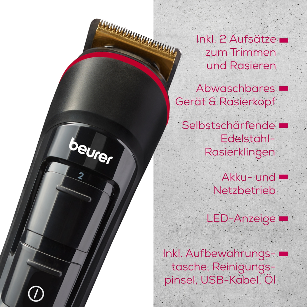 Une vue rapprochée de la tondeuse à barbe Beurer MN4X (1 pièce) de Beurer GmbH est montrée. Comme caractéristiques allemandes, on mentionne les accessoires, le design lavable, les lames tranchantes, le fonctionnement sur batterie/secteur, l'affichage LED et les pièces incluses.