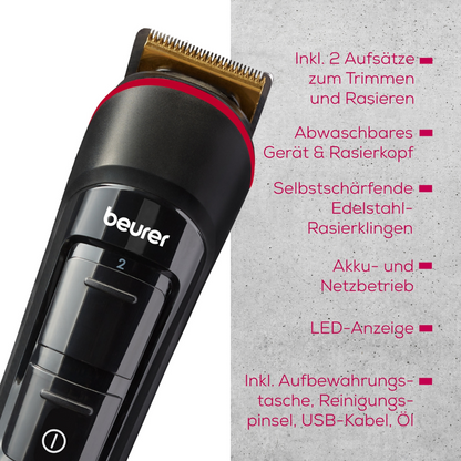 Une vue rapprochée de la tondeuse à barbe Beurer MN4X (1 pièce) de Beurer GmbH est montrée. Comme caractéristiques allemandes, on mentionne les accessoires, le design lavable, les lames tranchantes, le fonctionnement sur batterie/secteur, l'affichage LED et les pièces incluses.