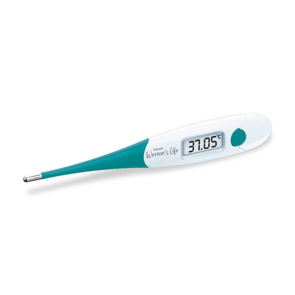 Le thermomètre basal OT 20 de Beurer GmbH avec son boîtier vert et blanc affiche une valeur de 37,05 degrés Celsius sur son petit écran numérique. Il a été conçu pour le contrôle du cycle et le suivi de grossesse, et dispose d'un embout flexible et d'un seul bouton près de l'écran. La marque « Beurer Women's Life » est imprimée sur l'appareil.