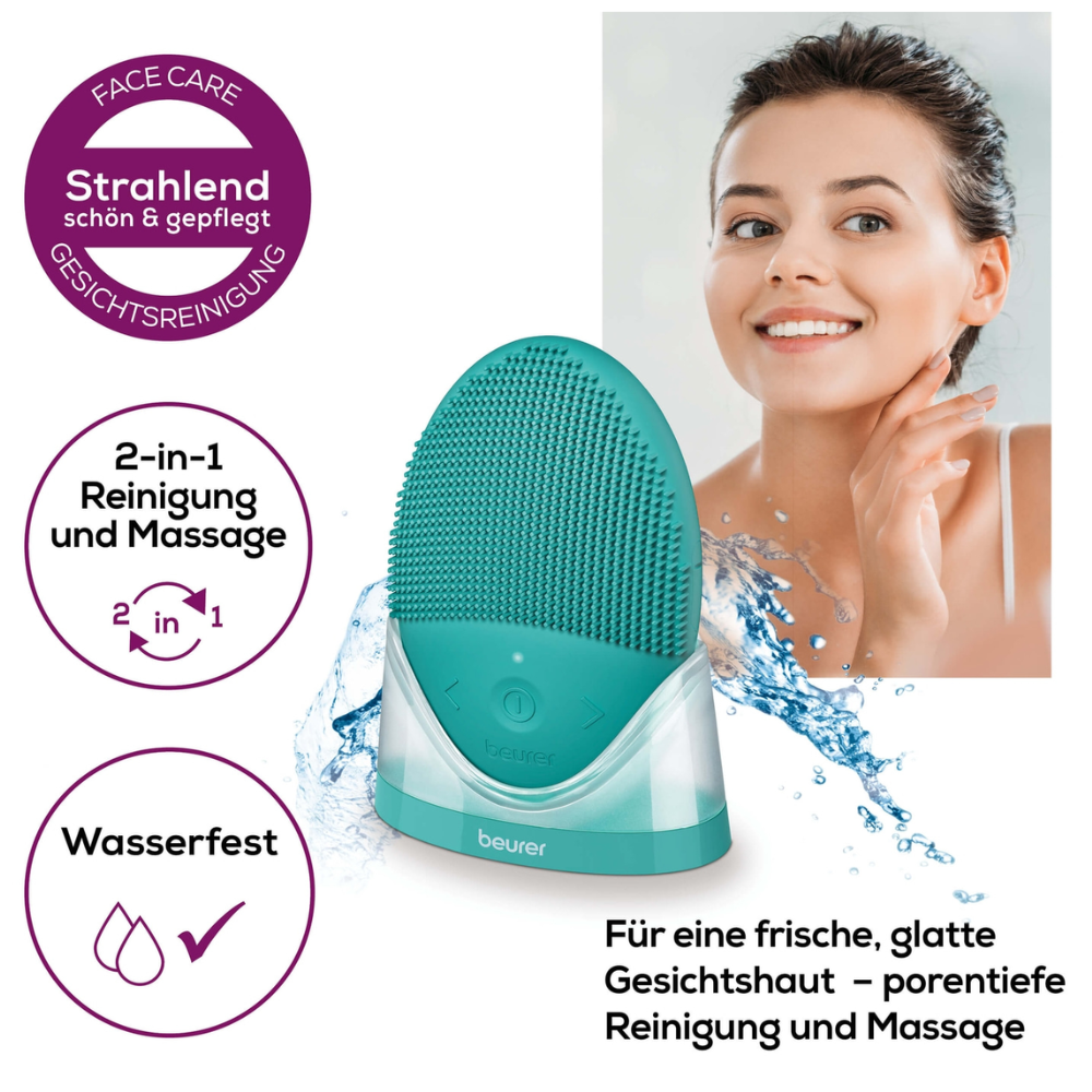 Image publicitaire pour la Beurer FC 52 Laguna Brosse visage en silicone de Beurer GmbH. L'appareil bleu-vert, étanche, offre un nettoyage et un massage 2-en-1 avec technologie de vibration. Le texte allemand dit « Pour une peau du visage fraîche et lisse – nettoyage en profondeur des pores et massage ». Dans le coin supérieur droit, une personne souriante est représentée.