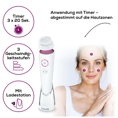 Une image montre une brosse faciale Pureo Deep Cleansing FC 95 blanche de Beurer GmbH, avec trois boutons. Les symboles indiquent « Minuteur 3 x 20 sec. », « 3 niveaux de vitesse » et « Avec station de charge ». Une femme est représentée avec l'appareil de nettoyage en profondeur avec des zones du visage numérotées. Le texte dit « Application avec minuteur – adaptée aux zones de la peau ».